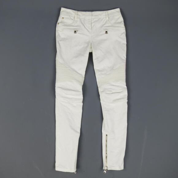BALMAIN Size 4 White Cotton Gold Zip Moto Jeans - Picture 1 of 9